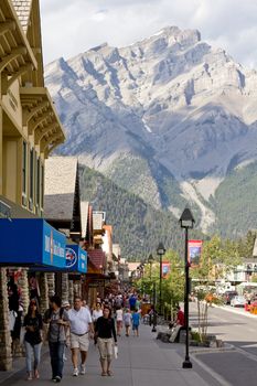 Tourists walking around in the town of Banff