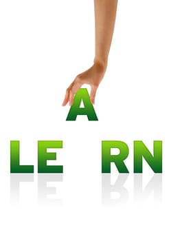 High resolution graphic of a hand holding the letter A of the word Learn. 