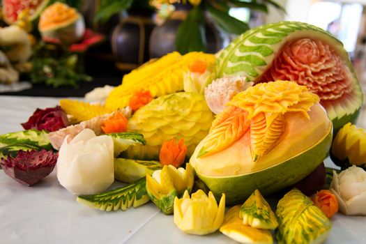 An assortment of fresh carved mix fruits