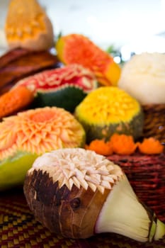 An assortment of fresh carved mix fruits