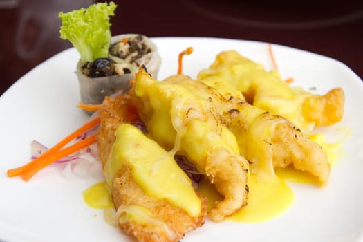 baked fish fillets with cheese sauce served in a white plate