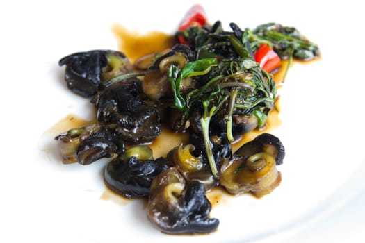 Chinese style fry escargot with green vegetable and red chilli