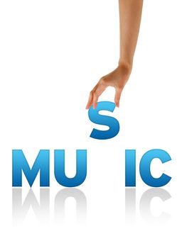High resolution graphic of a hand holding the letter S of the word music.