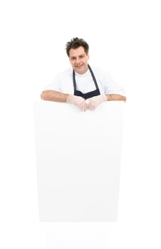 Butcher with a foam signboard.