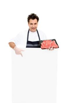 Butcher pointing to a blank sign