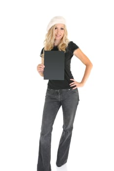 Casual woman in jeans and t-shirt  holding a sign or message. Add text or replace with a book, brochure, etc.