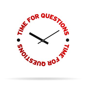 High resolution clock with the words time for questions on white background.