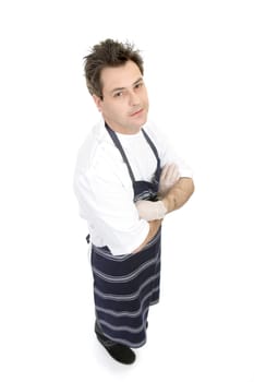 Butcher standing arms crossed against a white background.