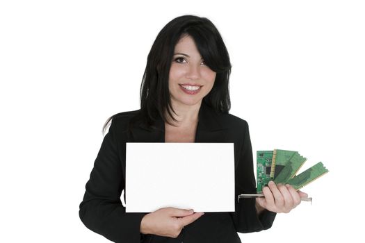 Girl holding computer parts and blank sign