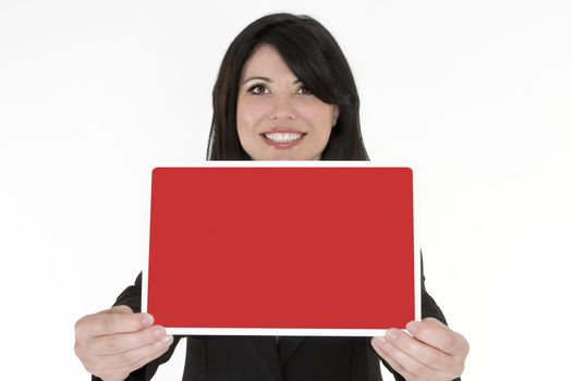 Female holding in front of her a blank red and white sign
