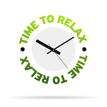 Clock with the words time to relax on white background.