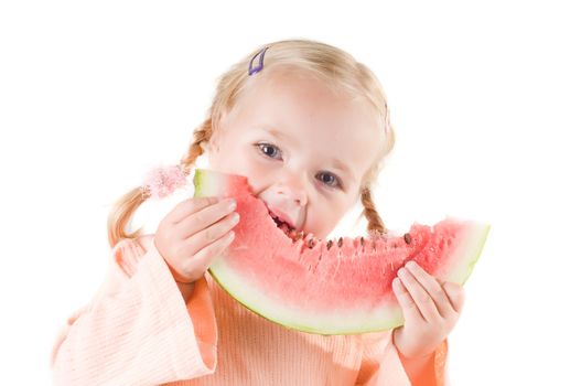 Shot of little girl eating watermelon isolated on white