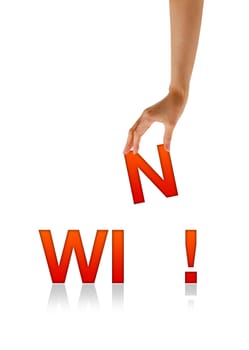 High resolution graphic of a hand holding the letter N from the word Win.