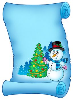Blue parchment with snowman and tree - color illustration.