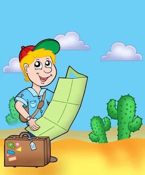 Boy with map outdoor - color illustration.