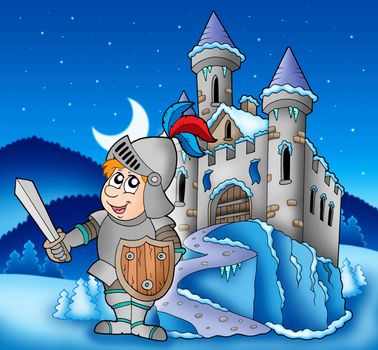 Castle and knight in winter landscape - color illustration.