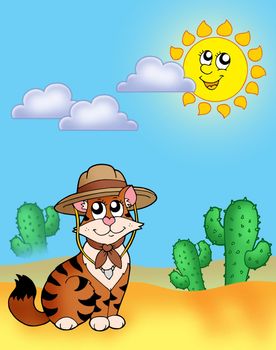 Cat in hat outdoor - color illustration.