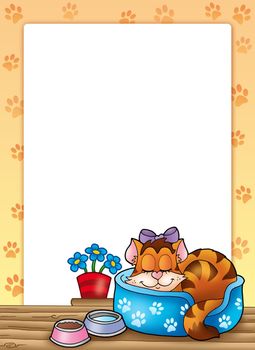 Frame with cute sleeping cat - color illustration.