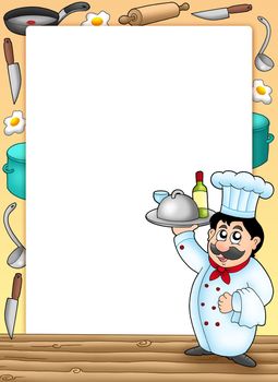 Frame with chef holding meal - color illustration.