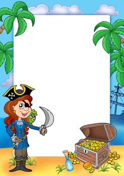 Frame with pirate girl and treasure 2 - color illustration.