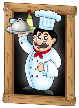 Chef holding meal on blackboard - color illustration.
