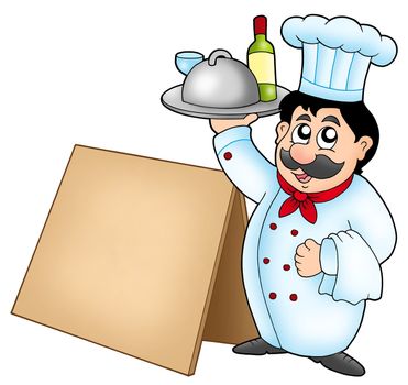 Chef holding meal with wooden table - color illustration.