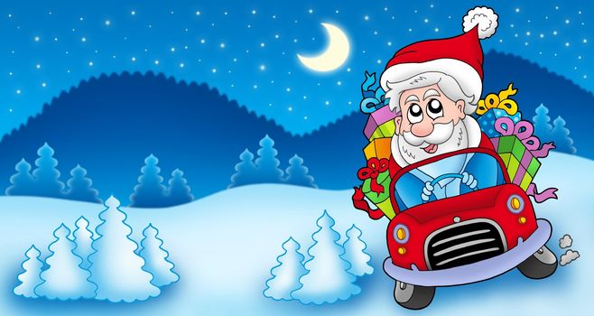 Landscape with Santa Claus driving car - color illustration.