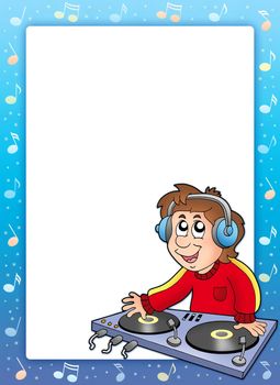 Music frame with cartoon DJ boy - color illustration.
