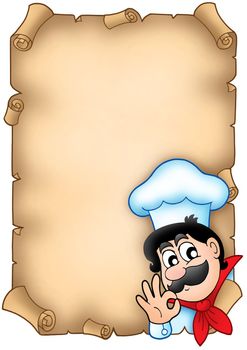 Old parchment with cute chef - color illustration.