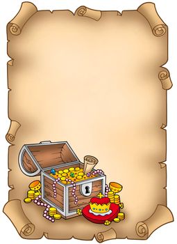 Parchment with big treasure chest - color illustration.