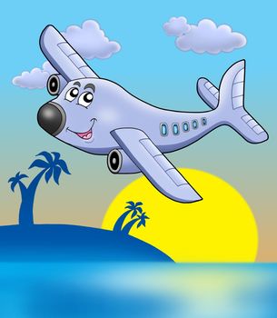 Sunset with airplane - color illustration.