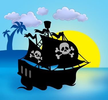 Sunset with pirate ship silhouette - color illustration.