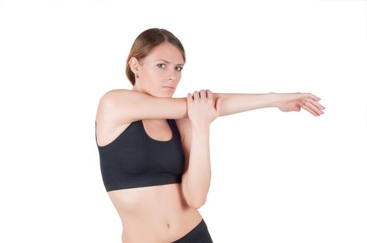 Beautiful woman doing exercises,  isolated on white