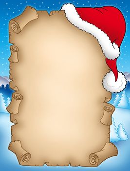 Winter parchment with Santas hat - color illustration.