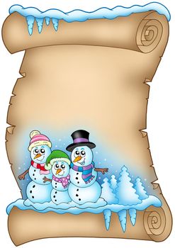 Winter parchment with snowman family - color illustration.