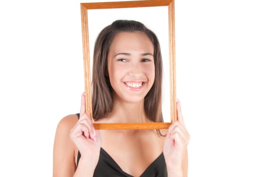 Woman with frame, studio shot, isolated on white