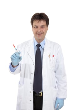A friendly smiling doctor with syringe of medicine or vaccination