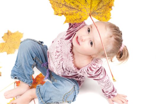 Shot of toddler playing with muple leaves in studio