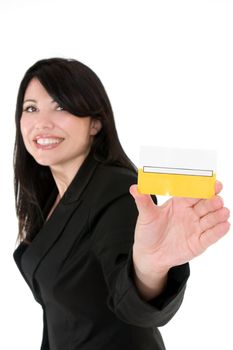 Beautiful smiling woman holding a membership card, bank or credit card, business card etc.