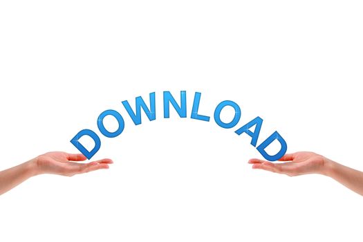 High resolution graphic of hands holding the word download.