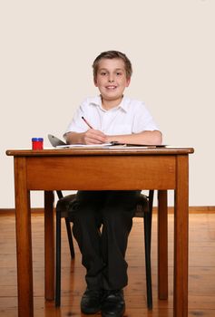 Happy smiling young school boy sitting at school desk/