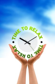 Hand holding a relax clock sign on cloud background.