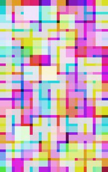 a brightly coloured background of squares boxed in by narrower lines
