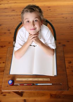 Confident school boy sitting in class with open book.