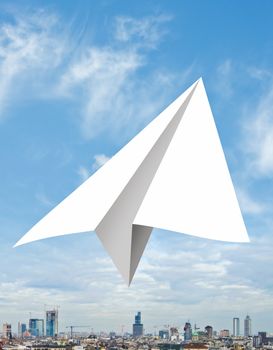 Concept with paper aircraft flying on the sky