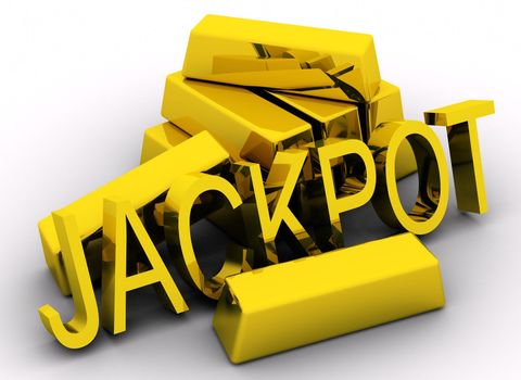 Gold bars and golden jackpot text on white background.
