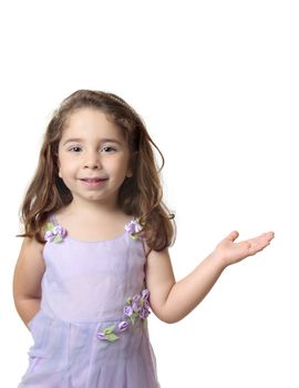 Beautiful smiling girl standing with one hand outstretched. with copyspace.