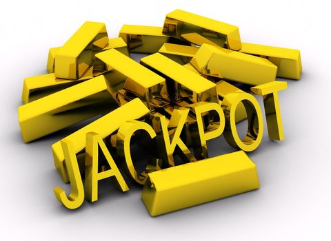 Gold bars and golden jackpot text on white background.

