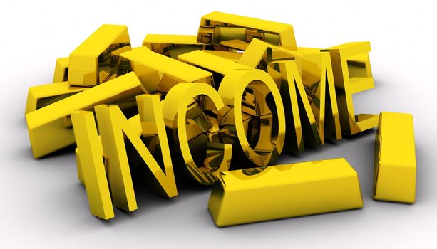 Gold bars and golden income text on white background.
