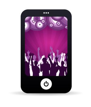 High resolution graphic of a mobile phone with dancing people background. 